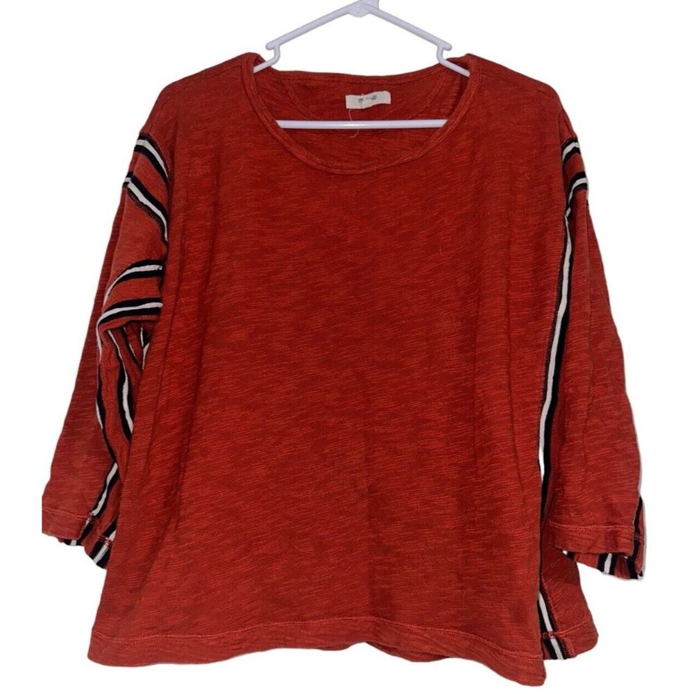 Madewell B6076 MED Rust Burnt Orange Striped Boxy Fit Sweater Pullover Top